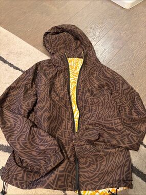Fendi Brown Monogram Hooded Windbreaker with Yellow Lining